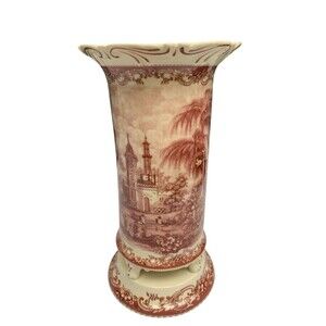 Burton + Burton Red Toile Floral Vase 10" Tall Footed Scalloped Ceramic Country